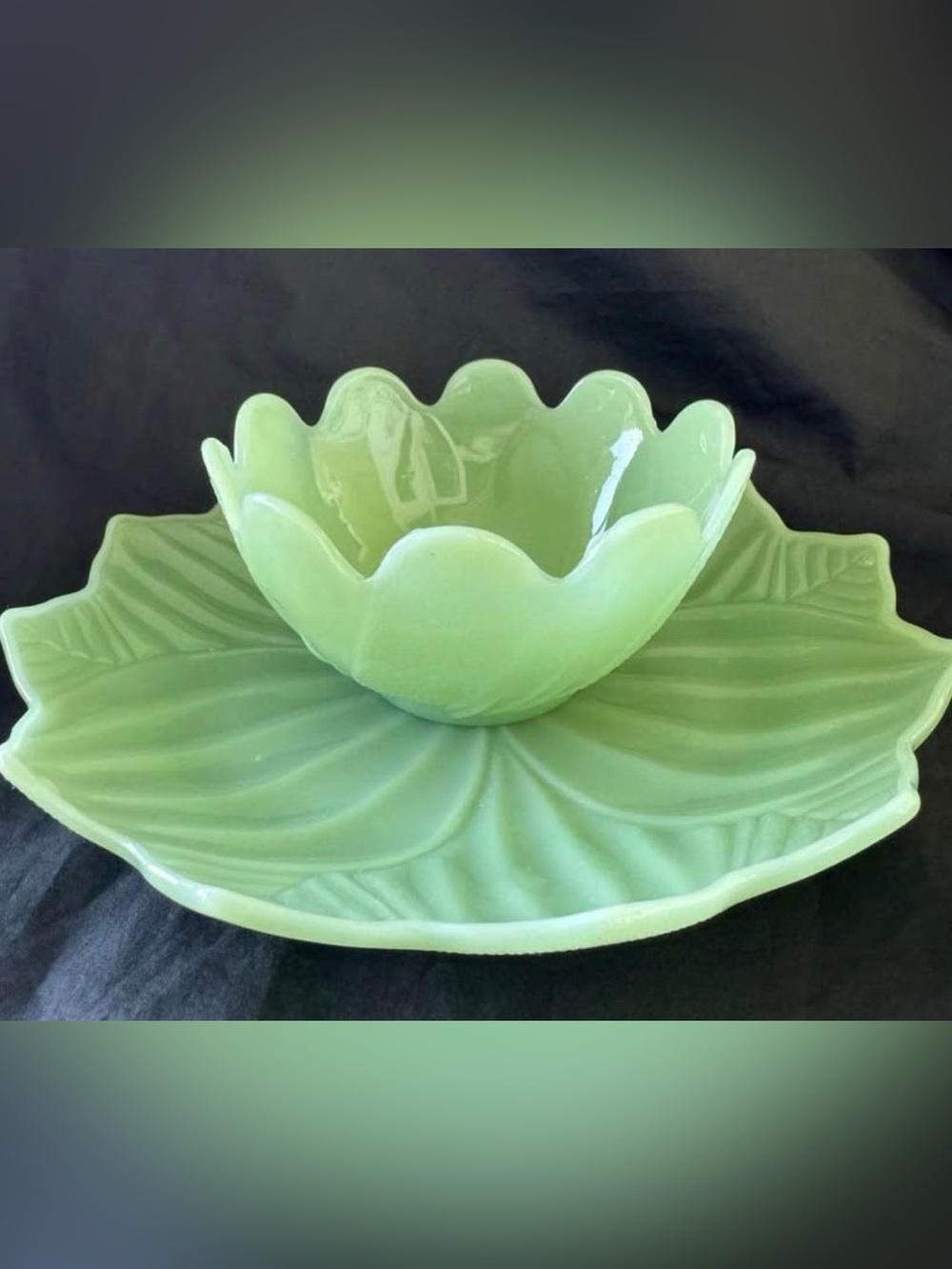 Vtg Fire King Jadeite Lotus plate and bowl snack set 1950’s